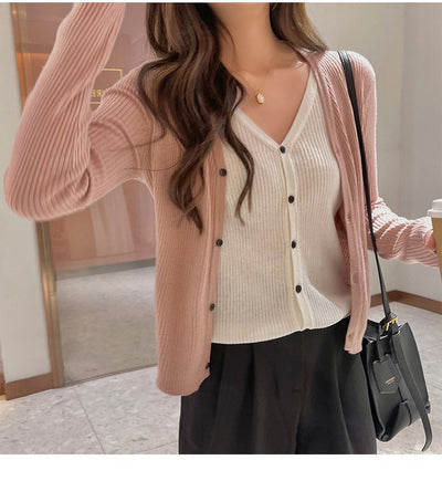 Cardigan Tejido Falsa Dos Piezas Mujer Cuello V Manga Larga - Image 20