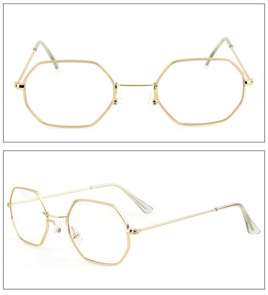 Silver polygonal sunglasses with clear lenses, featuring a thin metal frame and vintage style. - Image 14