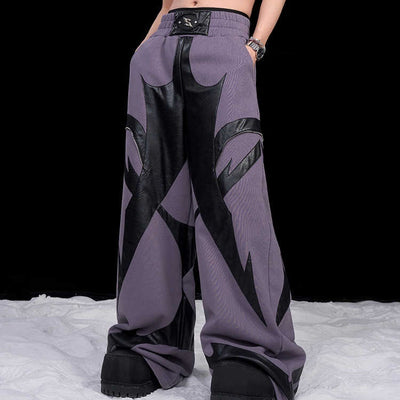 Pantalones Deportivos de Cuero Patchwork para Hombre - Corte Recto Oversize con Logo