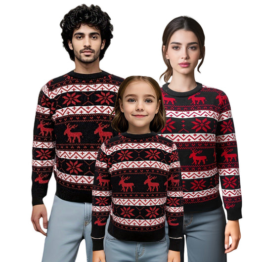 Women's black, red, and white Christmas sweater with reindeer and snowflake fair isle patterns, round neck, long sleeves. - Image 4
