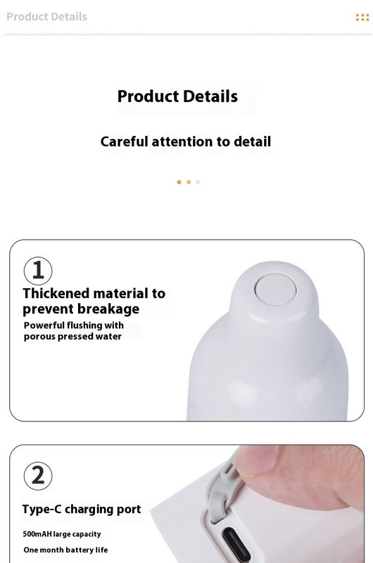 Portable electric bidet with translucent water bottle, white handheld spray unit, USB cable, and grey travel pouch. - Image 19