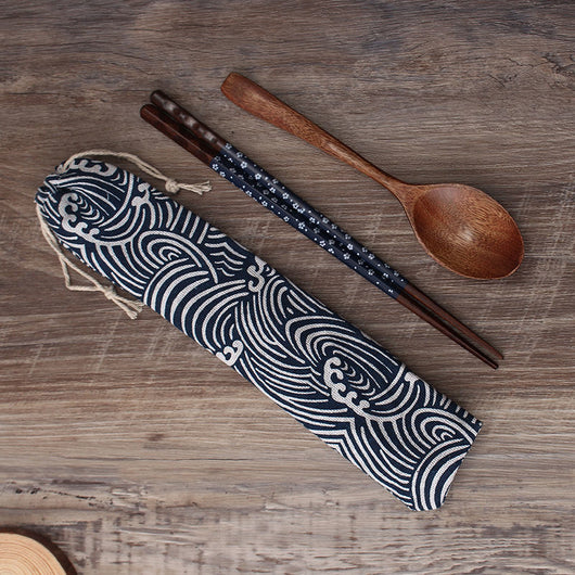 Set de Cubiertos Portátiles de Madera con Palillos y Cuchara - Image 2