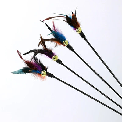 Three cat teaser wands with black sticks, colorful feathers in purple, red, and teal, and small gold bells. - Image 6