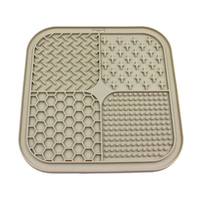 Gray silicone pet licking pad with four textured sections, designed for slow feeding and anti-choking. - Image 44