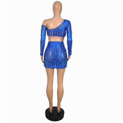 Black net hole hollow-out two-piece set with one-shoulder long-sleeve crop top and matching mini skirt. - Image 31