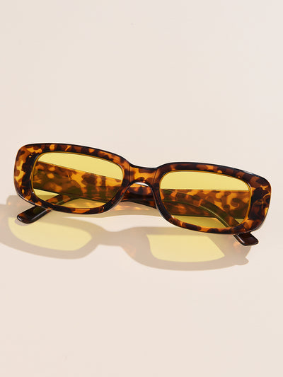 Rectangular tortoiseshell sunglasses with a small frame and dark gray lenses, angled on a white background. - Image 43