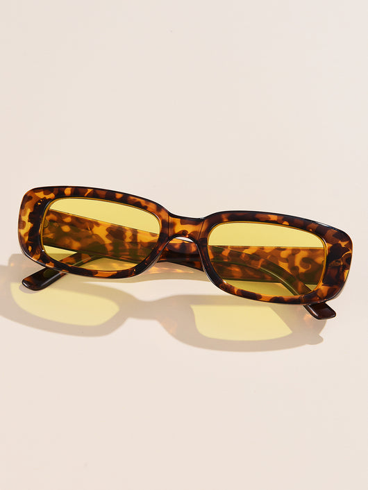 Rectangular tortoiseshell sunglasses with a small frame and dark gray lenses, angled on a white background. - Image 43
