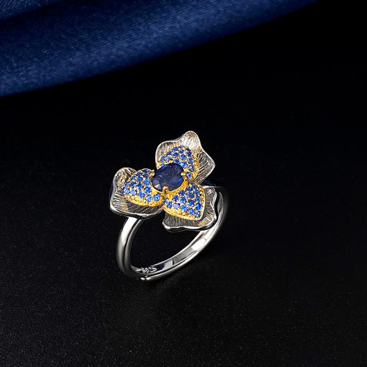 Anillo de Plata 925 con Zafiro y Diseño Floral Exclusivo para Mujer