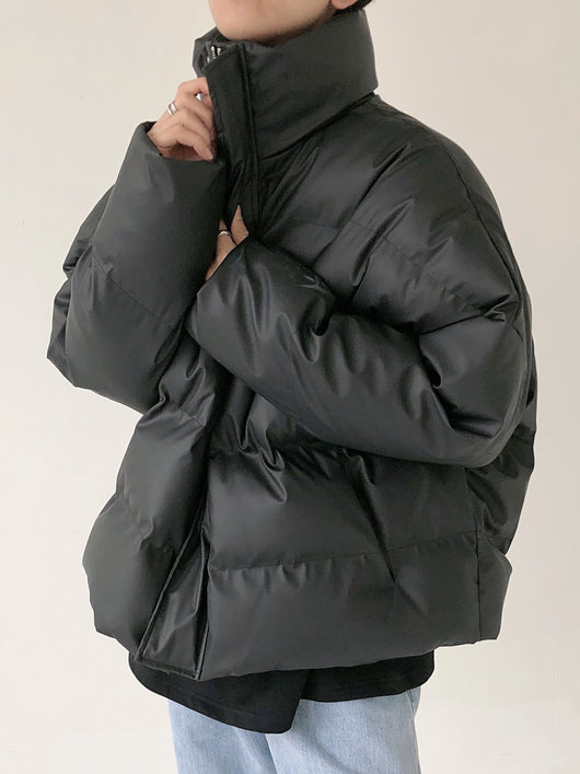 Abrigo Acolchado de Cuero PU con Cuello de Pie para Hombre - Image 4