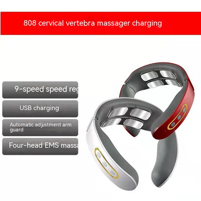 White and gray U-shaped neck massager with six silver electrode pads and control buttons on one arm. - Image 8