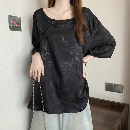 Blusa Vintage con Jacquard y Botones Estilo Chino - Image 13