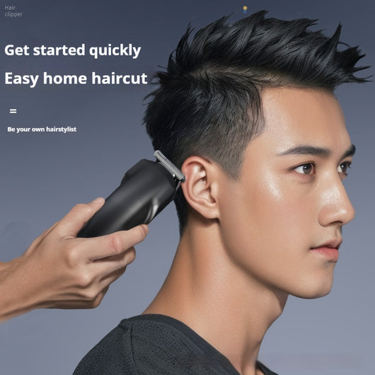 White electric hair clipper with a black top, silver blade, digital display, and power button on a dark base. - Image 2
