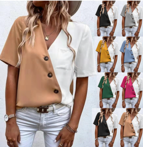 Blusa Elegante de Chifón con Contraste y Manga Corta para Mujer