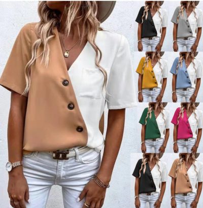 Blusa Elegante de Chifón con Contraste y Manga Corta para Mujer - Image 2