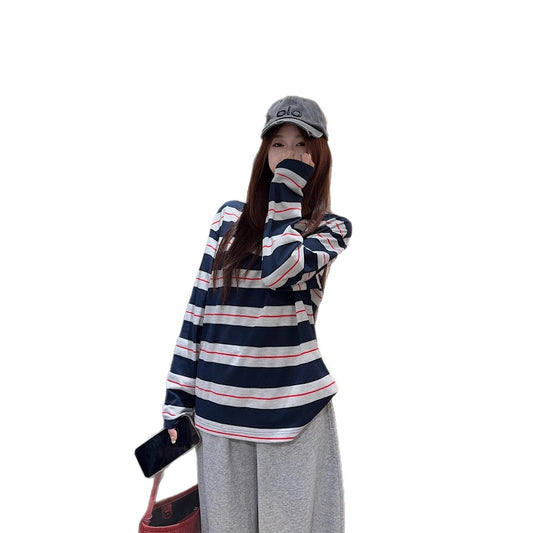 Blusa Suelta de Rayas con Cuello Redondo y Manga Larga para Mujer - Image 2