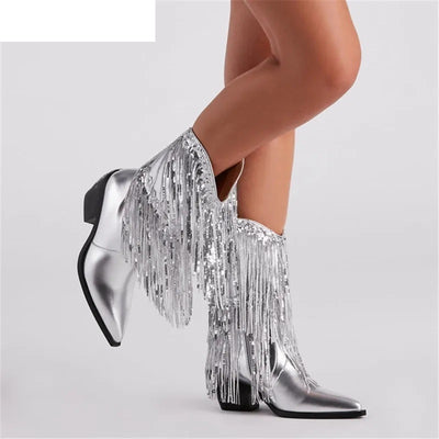 Botas de Tacón Grueso con Flecos para Mujer - Estilo Pasarela - Image 6