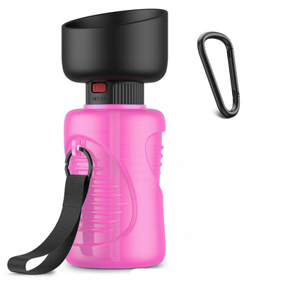 Pink and black foldable pet water bottle with integrated bowl, shown extended and collapsed, with a dog drinking. - Image 24