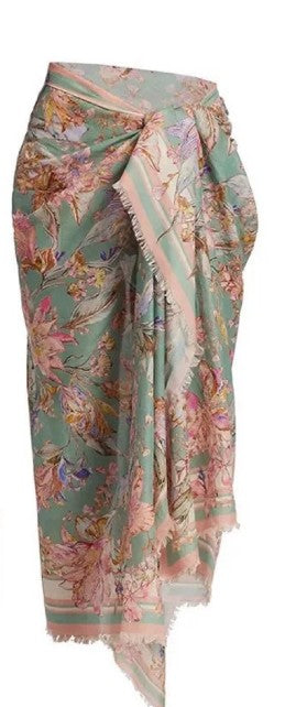 Women's green and pink floral bikini suit with matching sarong. Halter triangle top, tie-side bottoms, and wrap skirt. - Image 10