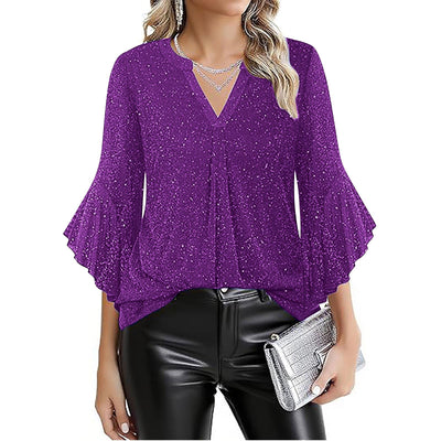 Blusa Suelta de Malla Plateada con Cuello V y Mangas 3/4 Pétalos - Image 24