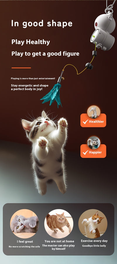 White retractable cat toy with a teal feather attachment hanging from a silver hook, designed for pet play. - Image 8