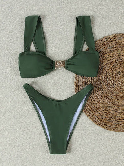 Bright yellow bikini with wide shoulder straps and a gold metal decoration on the top, worn by a woman. - Image 27