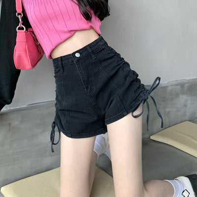 Shorts de Mezclilla Talle Alto con Diseño de Cordón Delgado y Corte Ancho para Mujeres