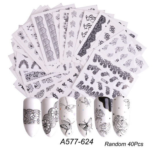 Set de Stickers para Uñas con Flores de Encaje Blanco y Negro - Image 36