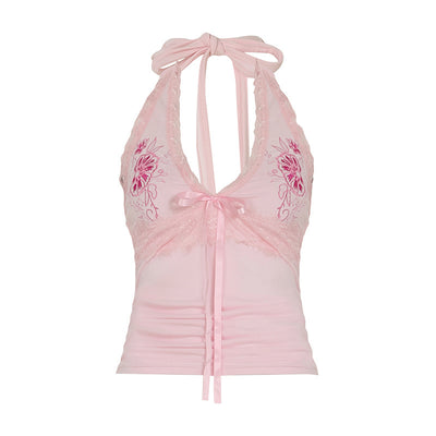 Chaleco Halter de Encaje Floral Bordado Ajustado y Estilizador - Image 3