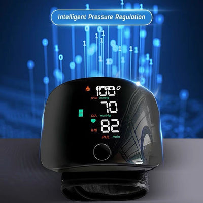 Black wrist sphygmomanometer with a digital display showing blood pressure and pulse readings, and a gray wrist cuff. - Image 7