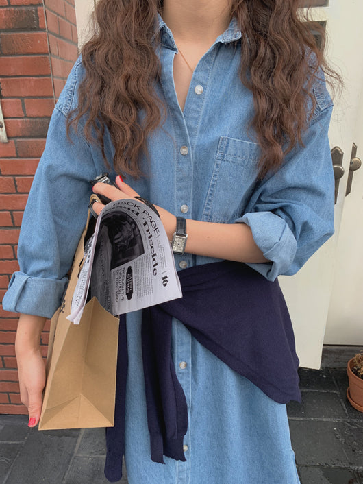 Vestido Denim Mujer Otoño Largo Holgado Manga Larga Casual - Image 9