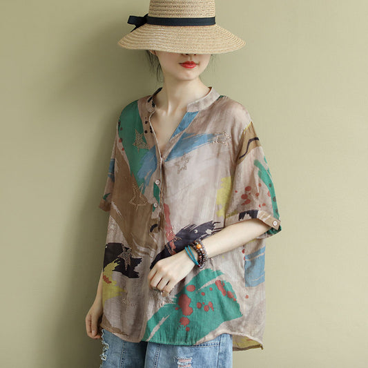Blusa Estampada Vintage para Mujer Manga Media Talla Grande Verano
