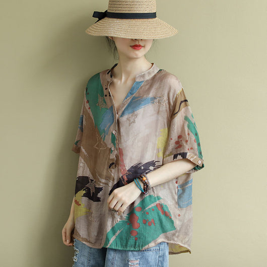 Blusa Estampada Vintage para Mujer Manga Media Talla Grande Verano
