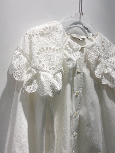Camisa Blanca de Lino con Solapa Ancha y Bordado Retro de Loto Calado - Image 5
