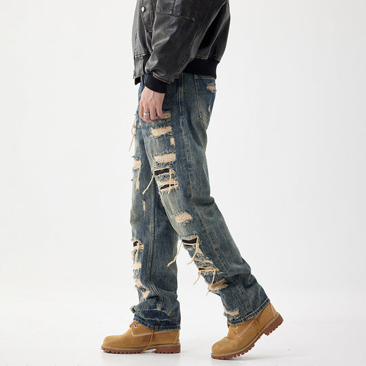 Pantalones Vaqueros Anchos Rotos con Detalles de Agujeros y Parches Personalizados para Hombre - Image 4