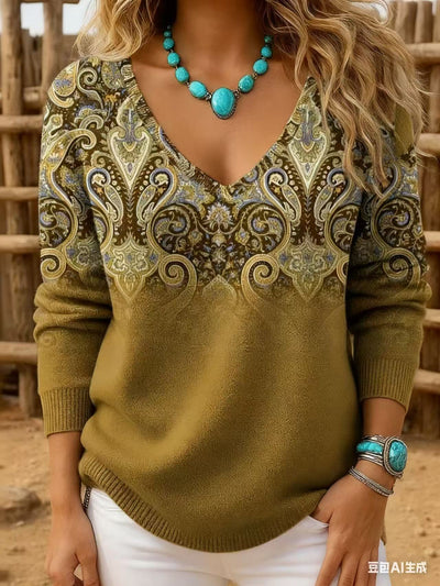 Blusa Retro Estampada con Cuello en V y Manga Larga para Mujer - Image 7