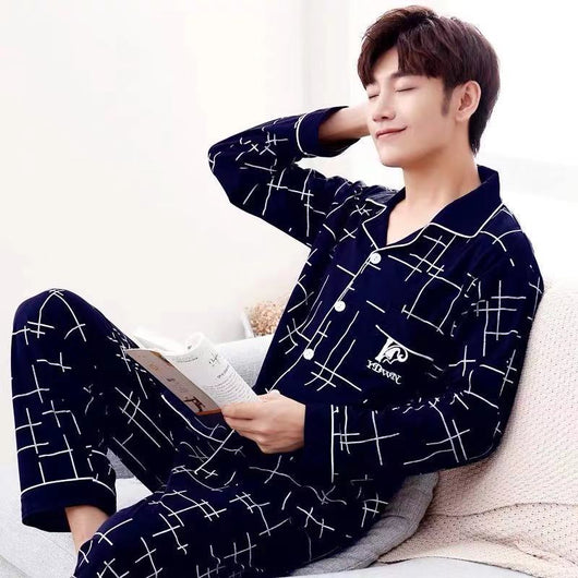 Pijama Hombre Manga Larga Cuadros Oversize Cómodo para Casa