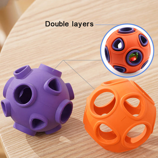 Blue and orange rubber pet toy ball with multiple circular cutouts, designed for interactive play and chewing. - Image 8