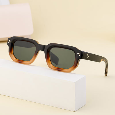 Men's square frame sunglasses with a two-tone brown and black frame, dark green lenses, and tortoise shell temples. - Image 2