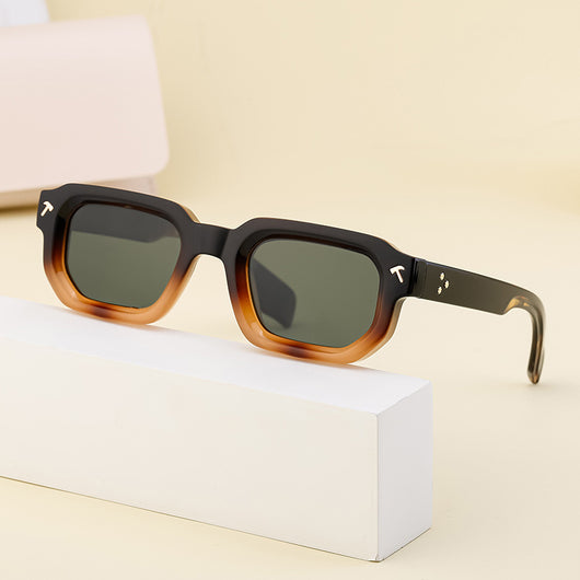 Men's square frame sunglasses with a two-tone brown and black frame, dark green lenses, and tortoise shell temples. - Image 2