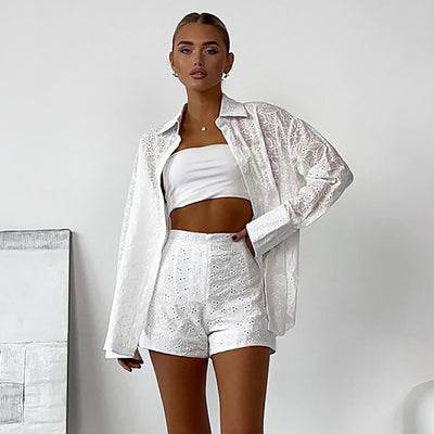 Conjunto de Blusa y Shorts Jacquard Suelto para Mujer - Image 2