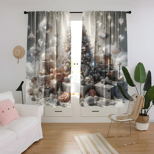 Christmas curtain with a snowy village scene, Santa Claus, flying reindeer, and piles of wrapped gifts. - Image 24