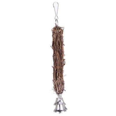 Rattan parrot swing with three silver bells, featuring a metal hook for hanging in a bird cage. - Image 6