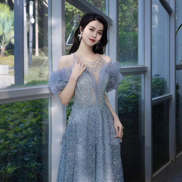 Vestido de Gasa Ligera con Cuentas para Eventos y Banquetes