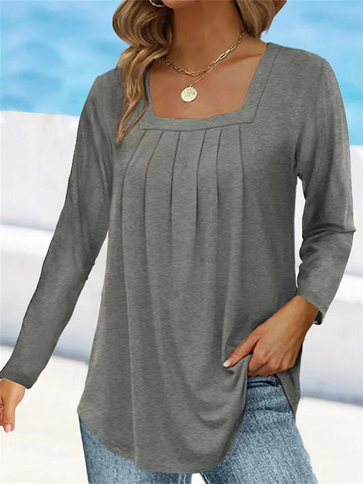 Blusa Plisada Cuello Cuadrado Manga Larga Talla Grande Algodón Imitación - Image 13
