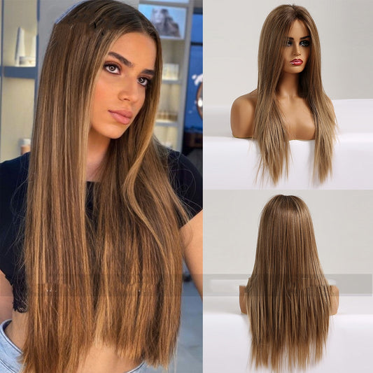 Peluca Larga Castaño Claro Cabello Liso Resistente al Calor