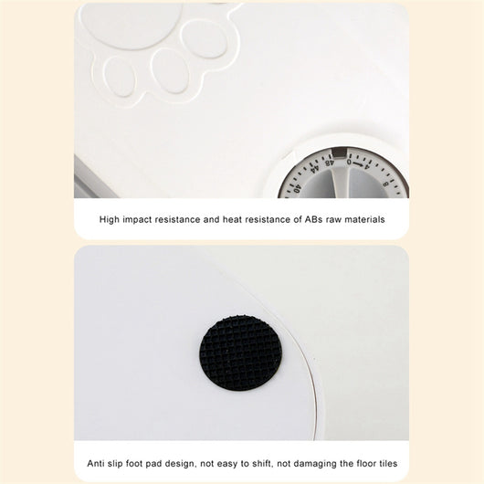 White automatic pet feeder with a pink timer dial and an embossed paw print on the lid. - Image 21