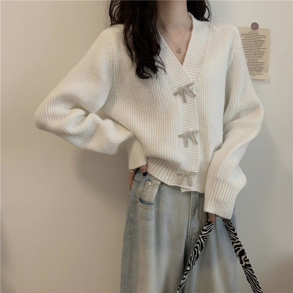 Cardigan Suelto de Punto con Cuello V - Estilo Relajado para Mujer
