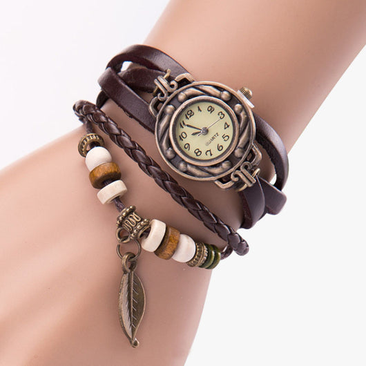 Reloj Retro de Cuero Tejido a Mano con Hoja Natural para Mujer - Image 8