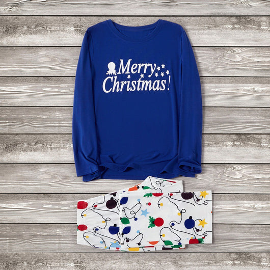 Blue long-sleeve pajama top with "Merry Christmas!" text and white bottoms with colorful Christmas lights pattern. - Image 9