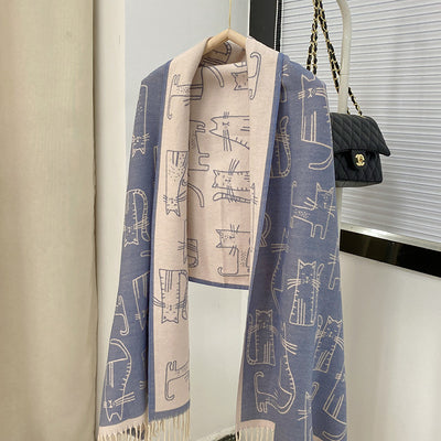 Bufanda de Cashmere con Jacquard de Gato - Versátil y Adorable para Invierno - Image 3